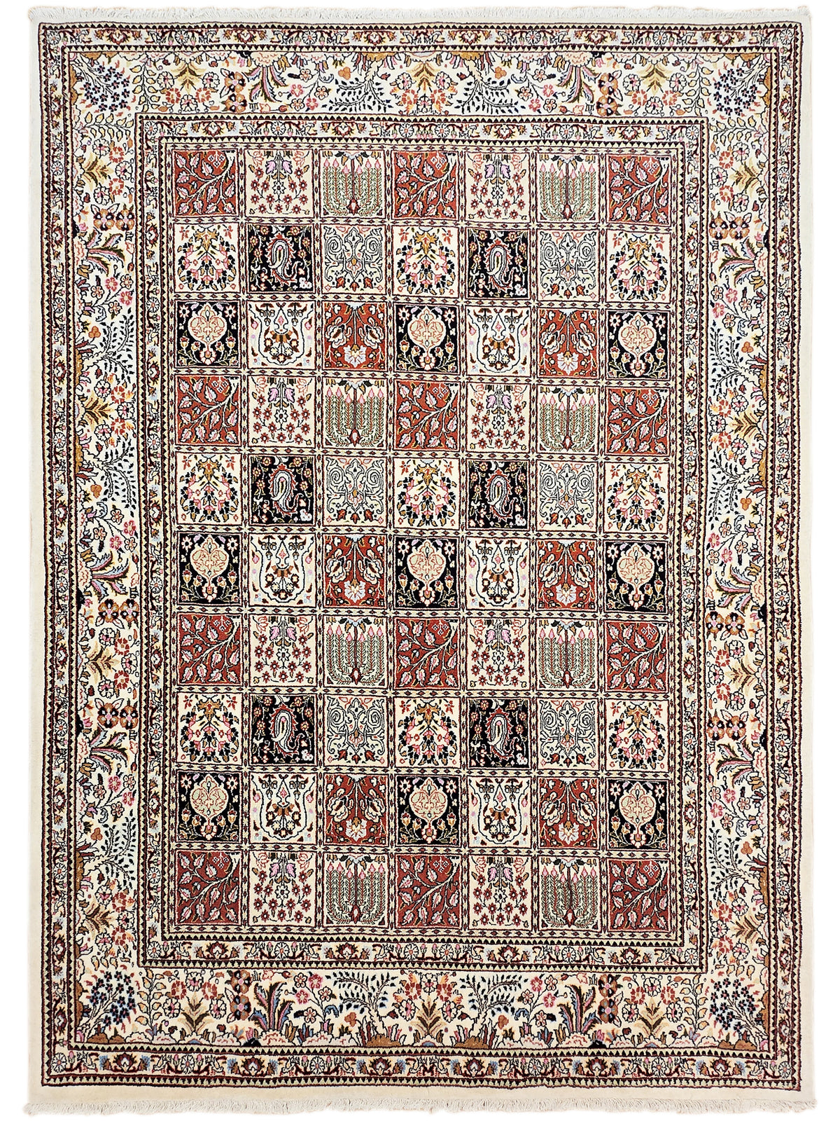 Full view of multicolor Persian-inspired rug with central medallions and border.