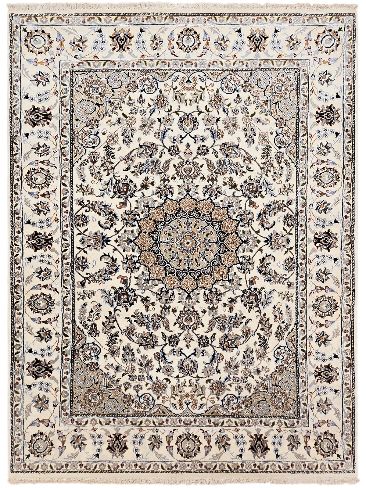 Nain rug with ivory background, central rosette medallion and ornate scrolling floral border