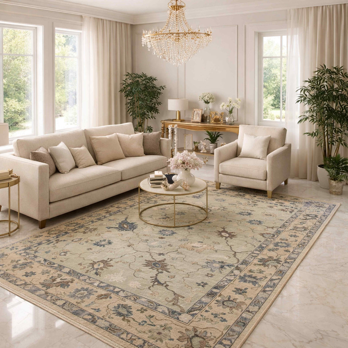 Oushak rug with light beige field and blue floral medallion pattern, large size