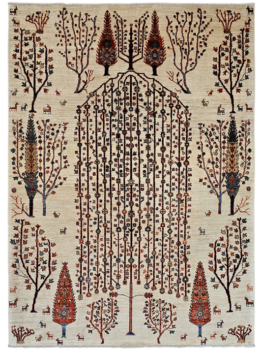 Beige rug featuring dense central rows, border trees, and rust red decorative accents