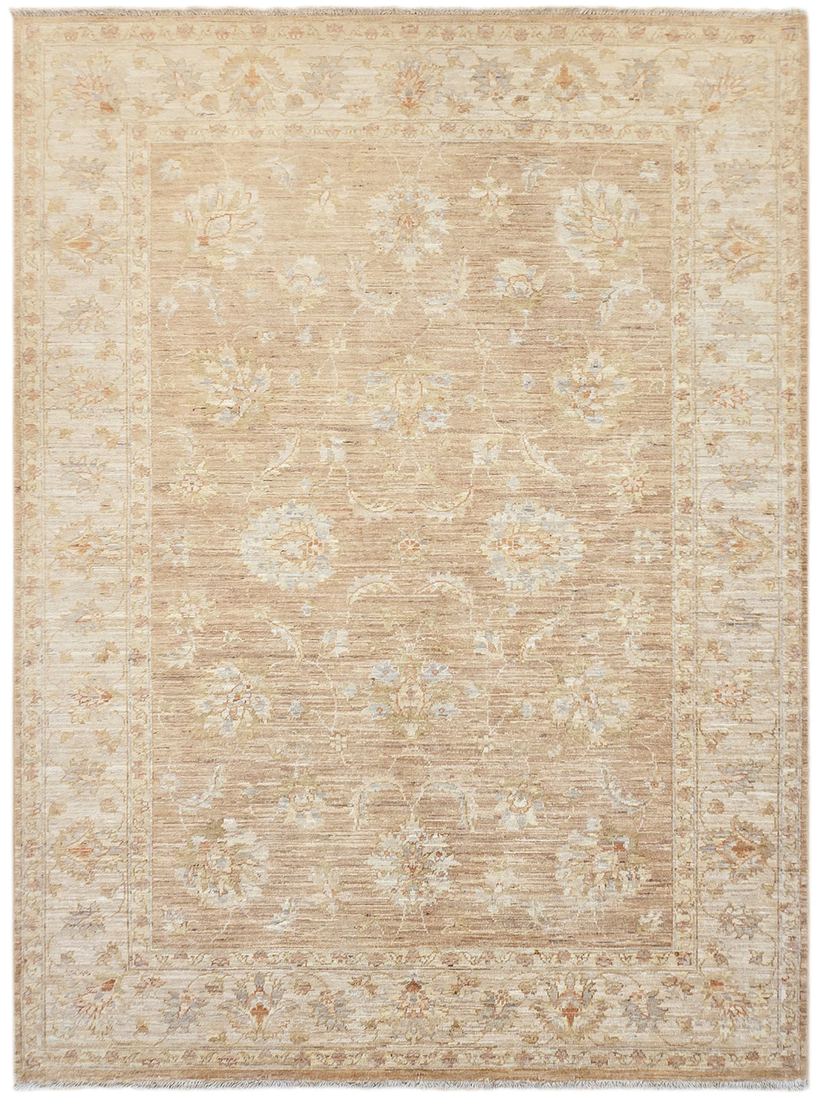 Beige vintage-style area rug with distressed floral motifs and framed border