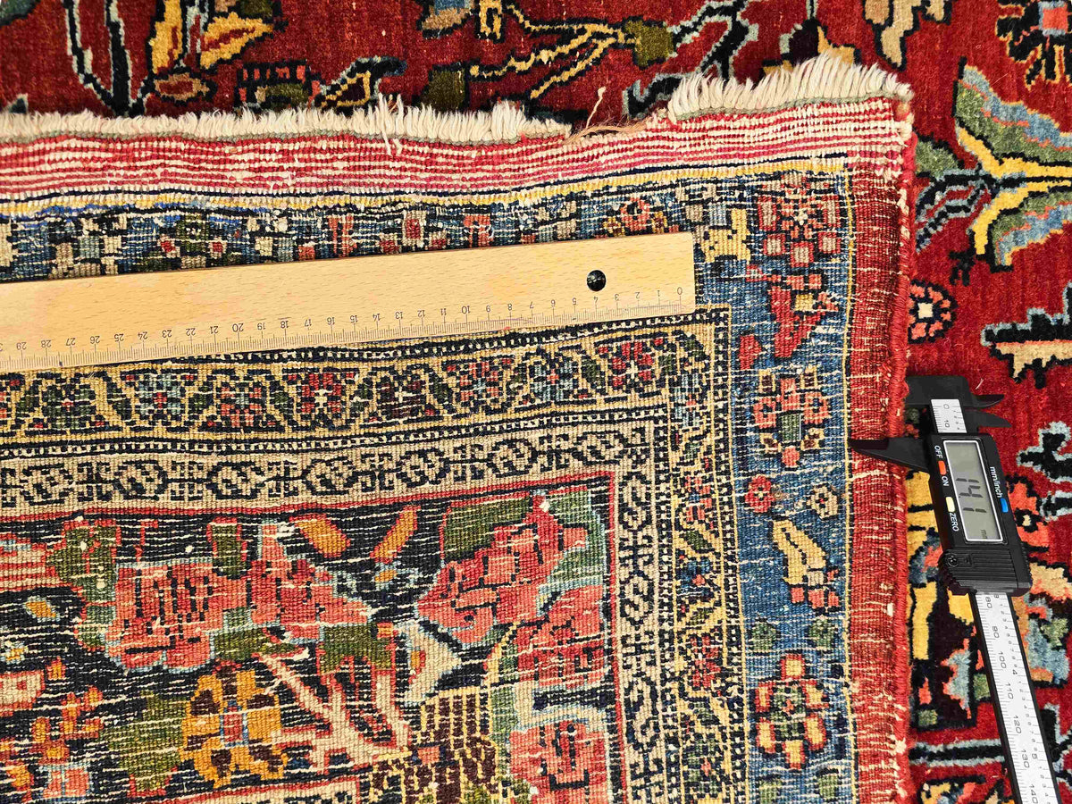 Rug edge detail with red fringe, navy-and-cream border pattern, and woven texture