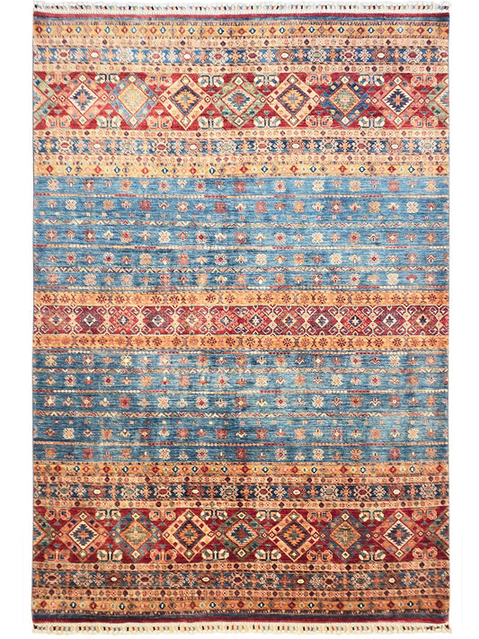 Khorjin-style rug top view with red, blue, and orange striped geometric pattern and border.