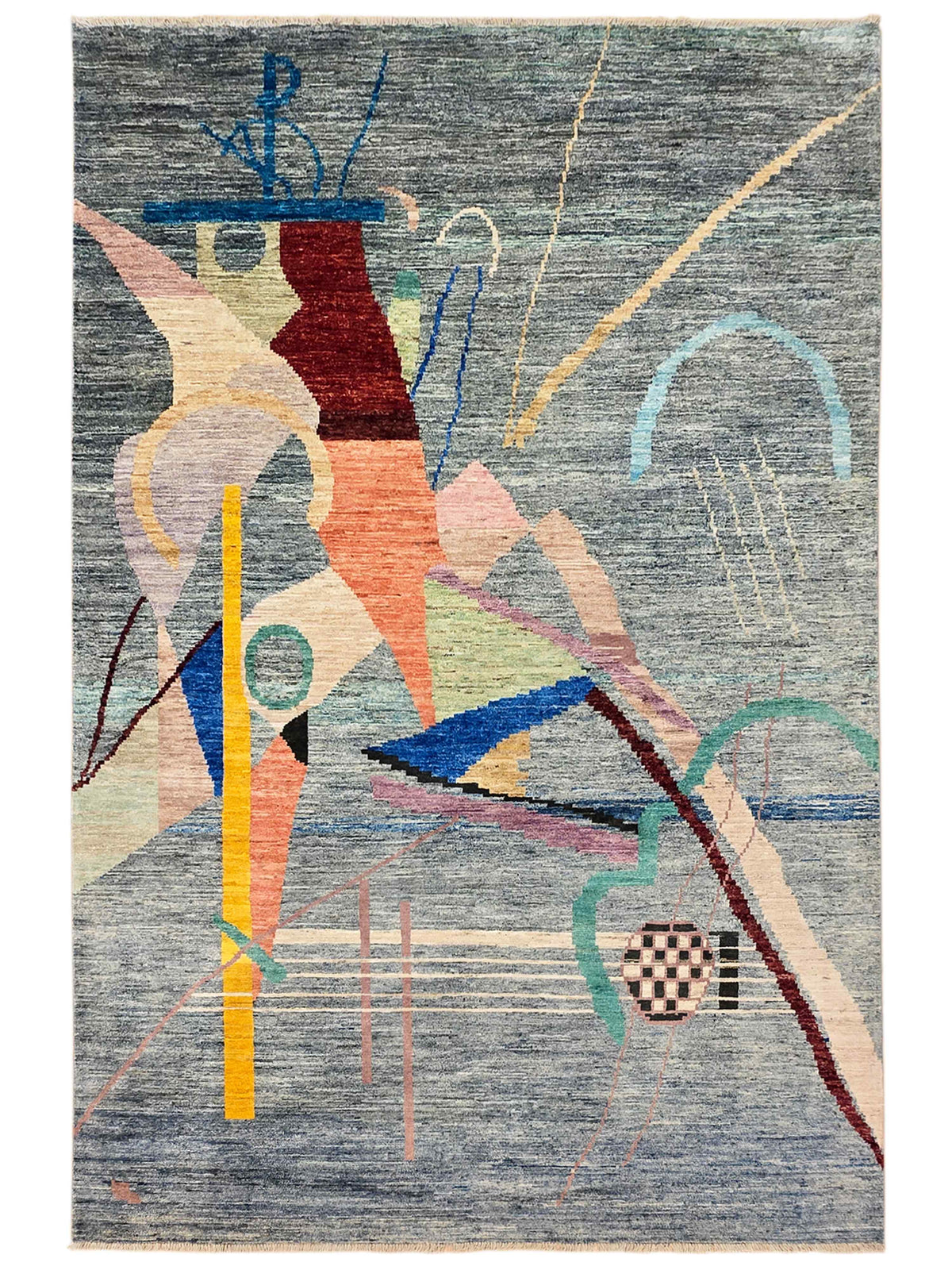 Multicolor abstract rug with geometric shapes and thin line details on gray base