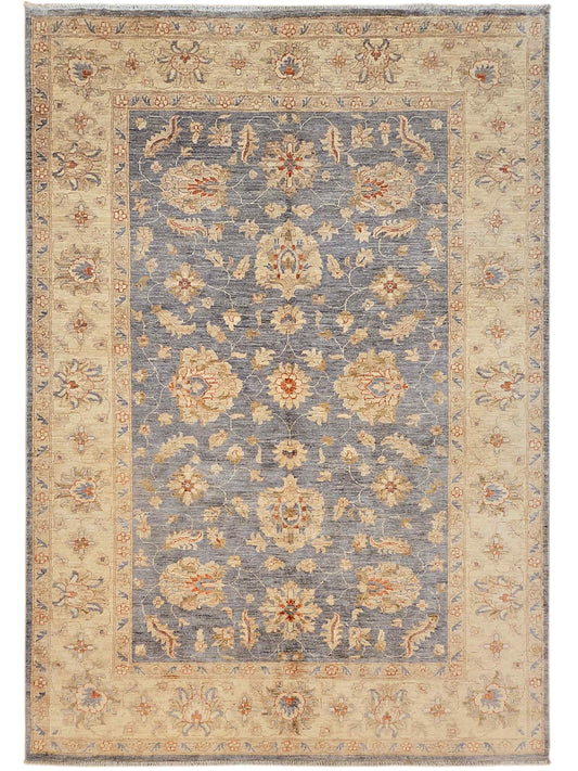Framed floral area rug with blue center, beige border, and small repeating corner motifs