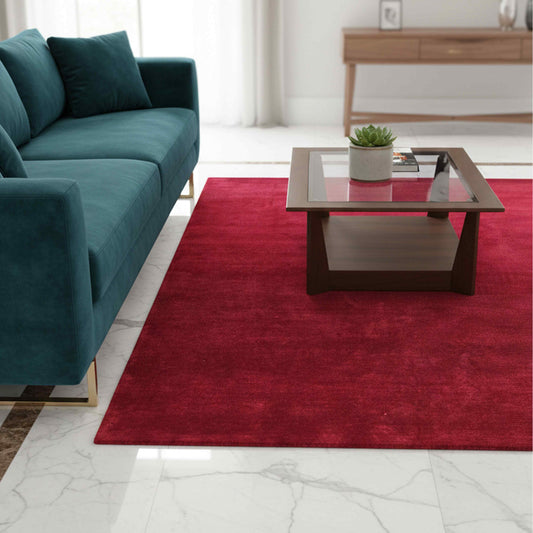 Rectangular red rug (300x200cm) with low-pile textured look and bound edges