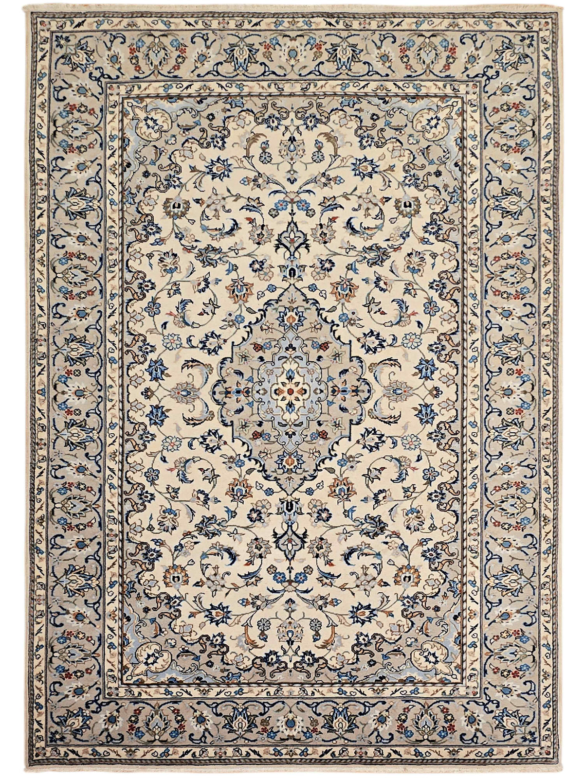 Kashan-style area rug with centered medallion, blue floral scrollwork, and striped border