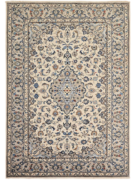 Kashan-style area rug with centered medallion, blue floral scrollwork, and striped border