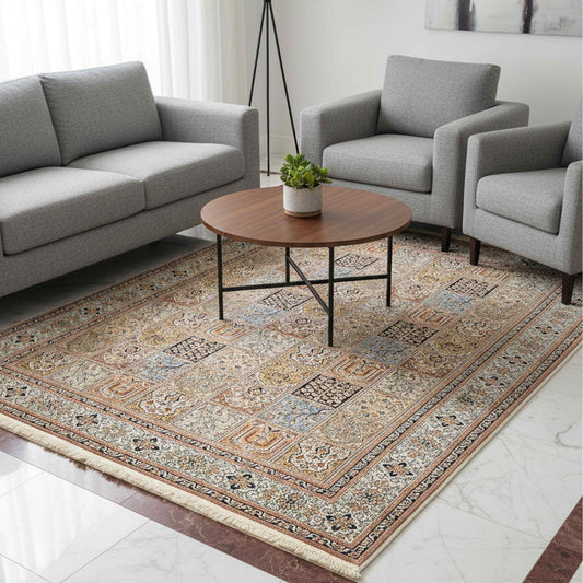 Multicolor ornate rug laid on floor in a living room, with short fringe edges