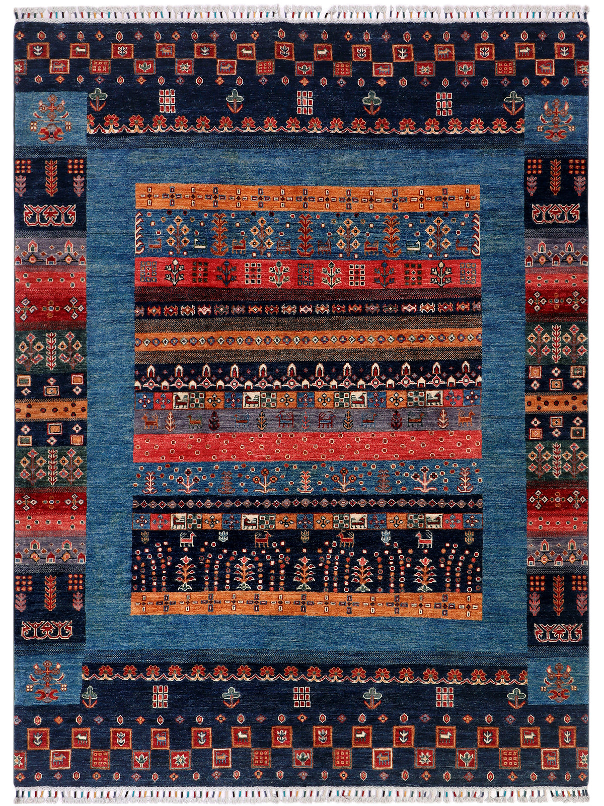 Gabbeh Afghan rug with navy blue field, red orange stripes, and geometric motifs