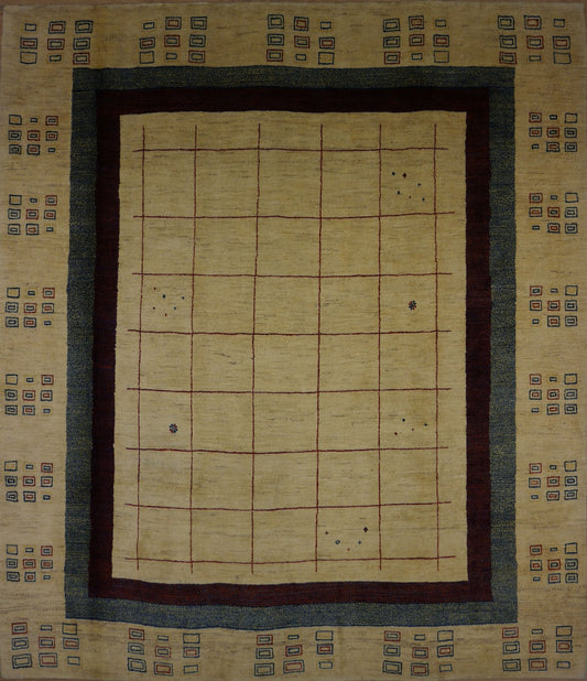 Gabbeh rug with beige grid pattern and dark border, rectangular weave