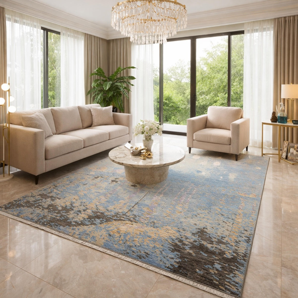 Large blue abstract patterned area rug with distressed look and border, 365x273 cm
