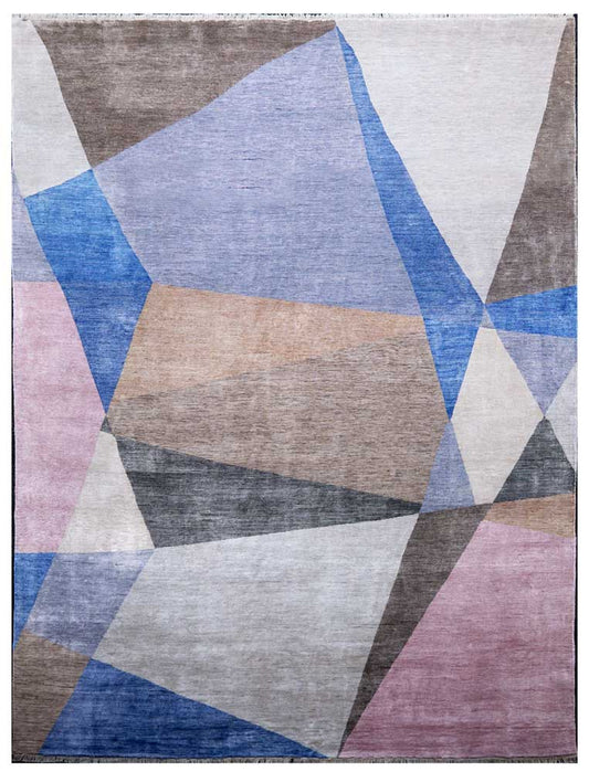 Abstract geometric area rug with blue, gray, white, beige, and pink panels