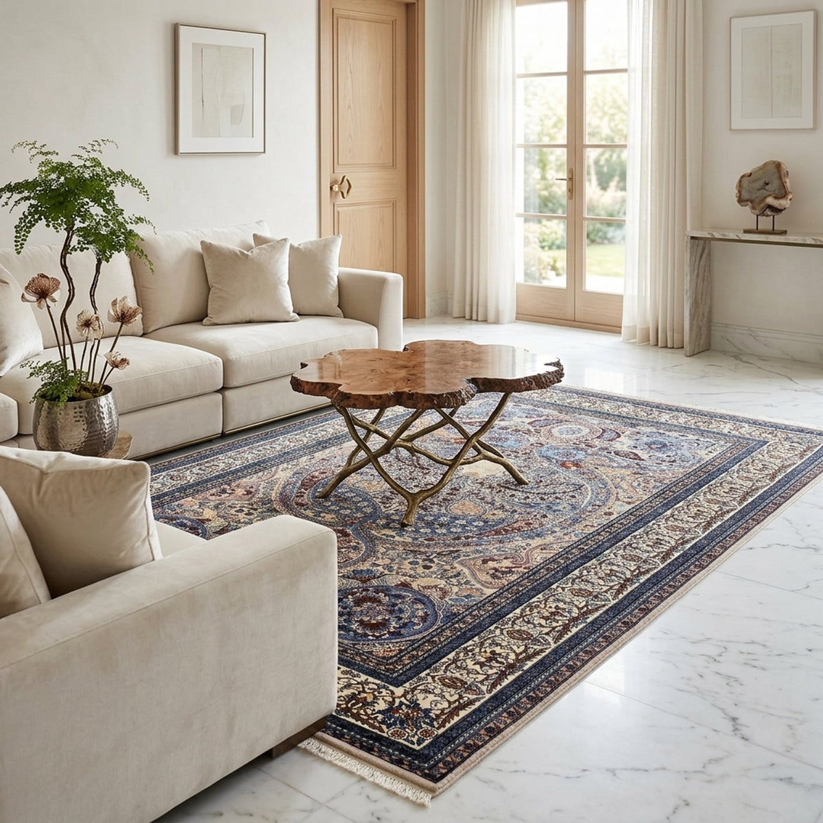 Blue ornate Tabriz-style rug placed on the floor beneath living room seating and a wooden table.