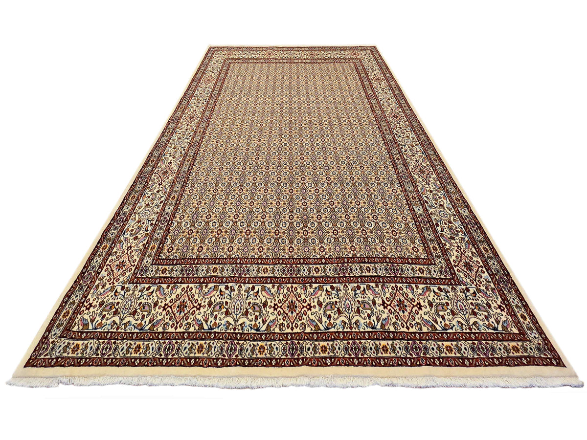 Persian rug with symmetrical center pattern, ivory field, and rust red border trim
