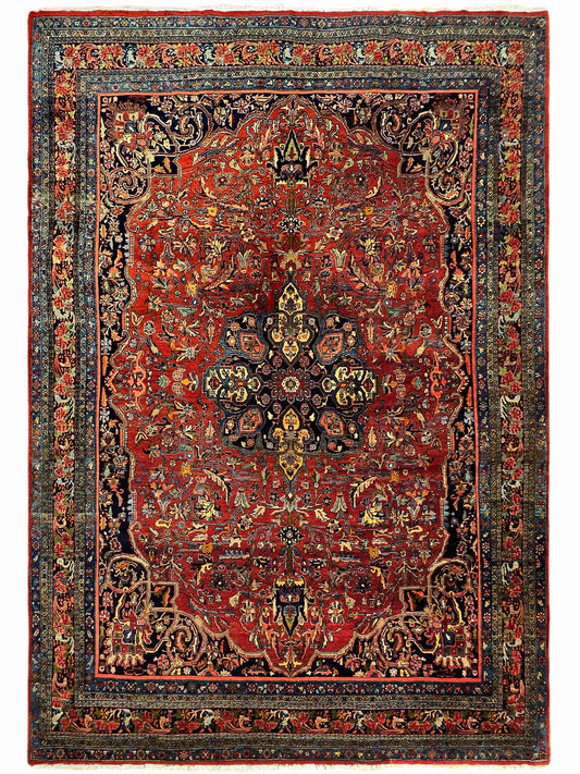 Bidjar rug with red central medallion and navy floral border
