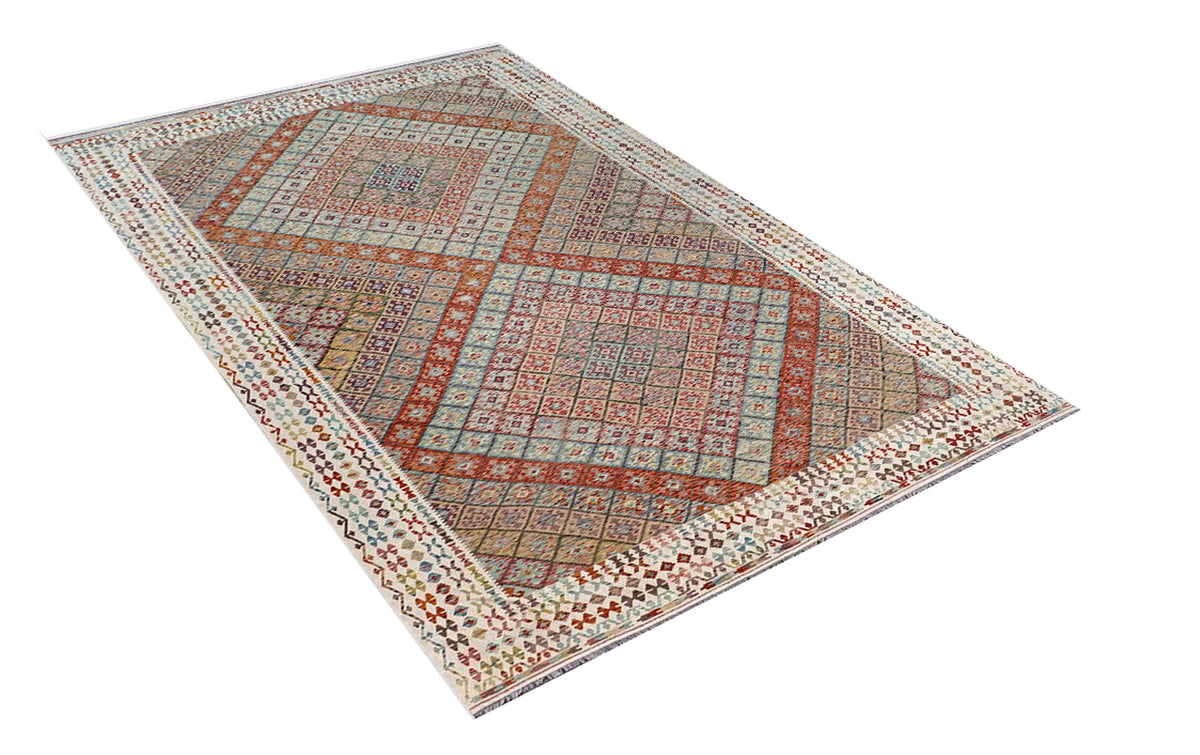 Kilim diamond rug laid flat with multicolor geometric border and center pattern