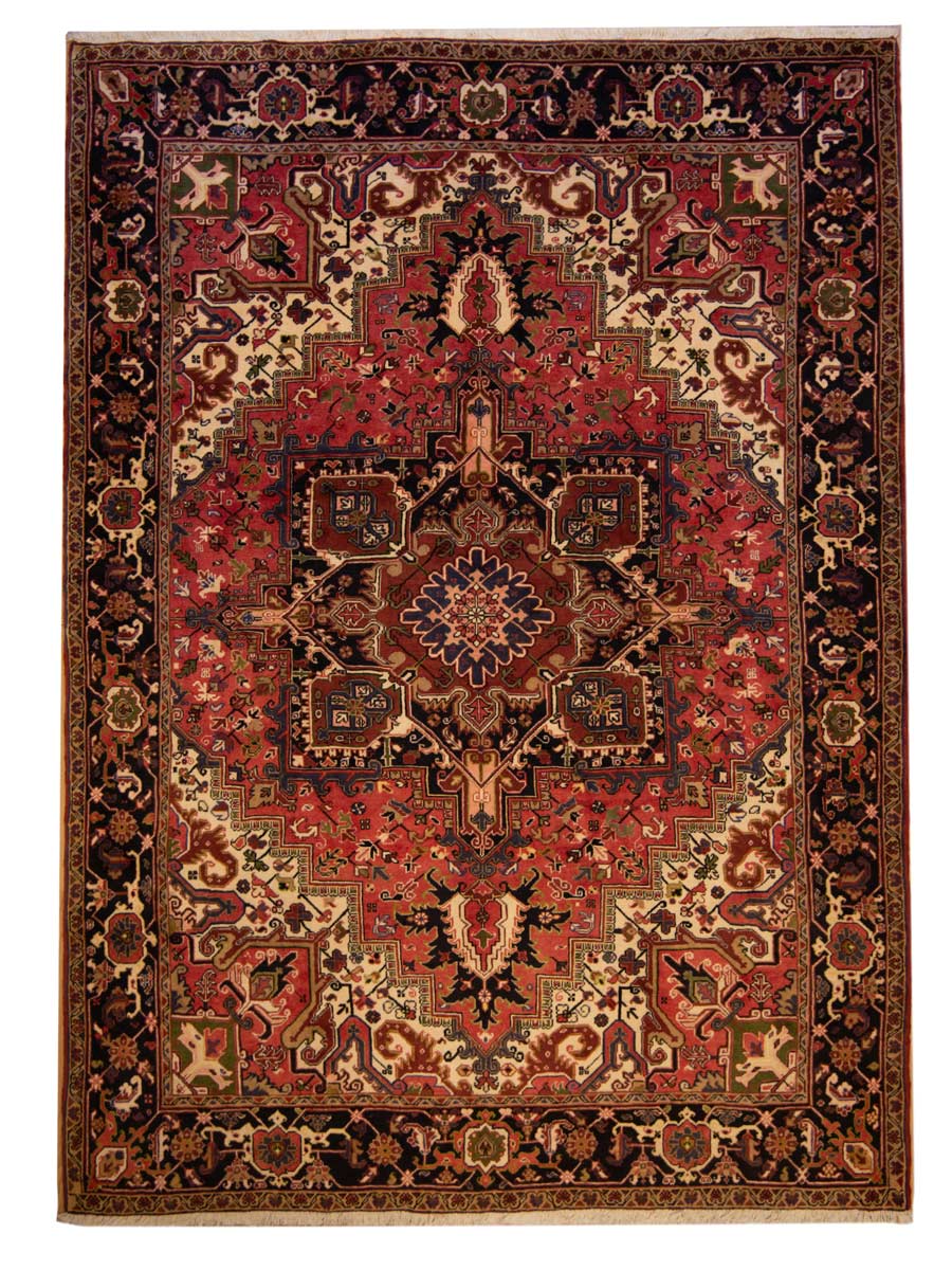 Heriz rug with central medallion, red and beige ornate pattern, rectangular