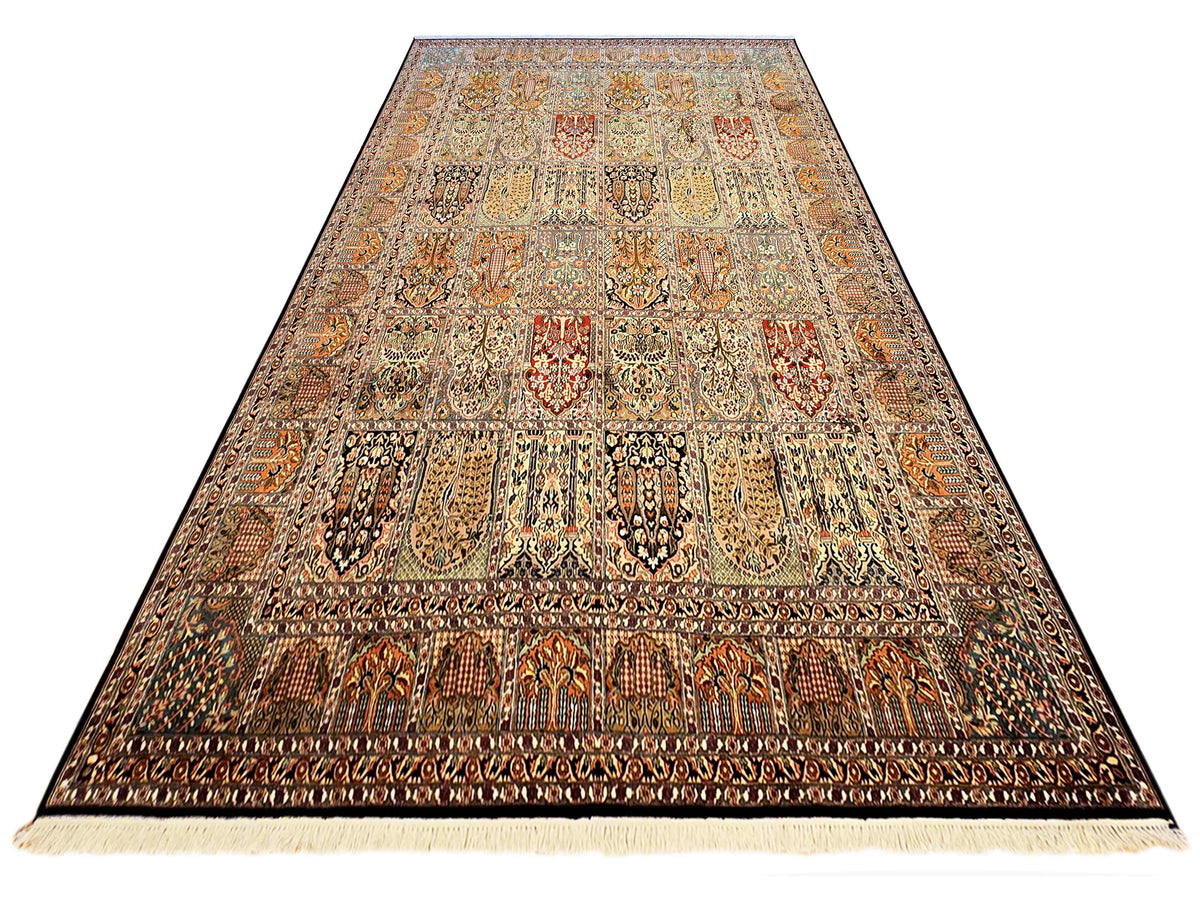 Multicolor ornate rug with symmetrical central design and short fringe along edge.