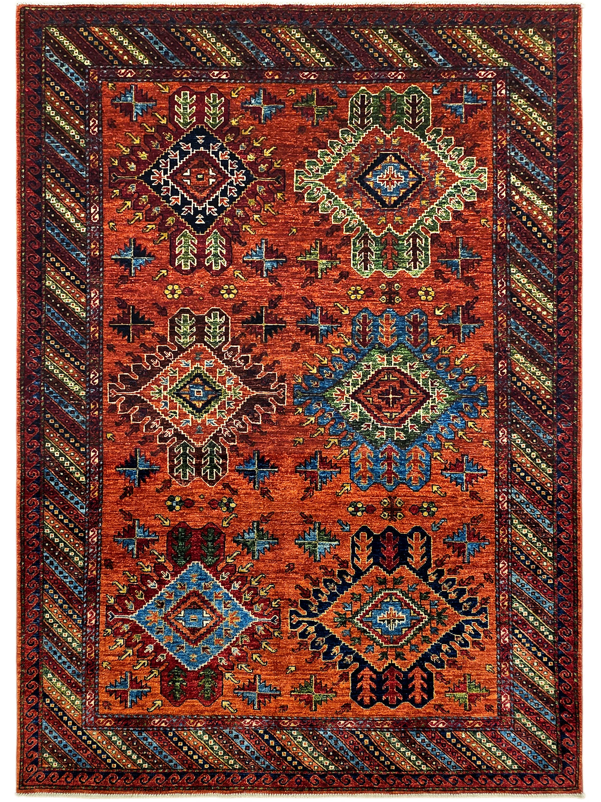 Full view 245x172 cm rug: red-orange field with teal, blue, green, and gold diamond motifs
