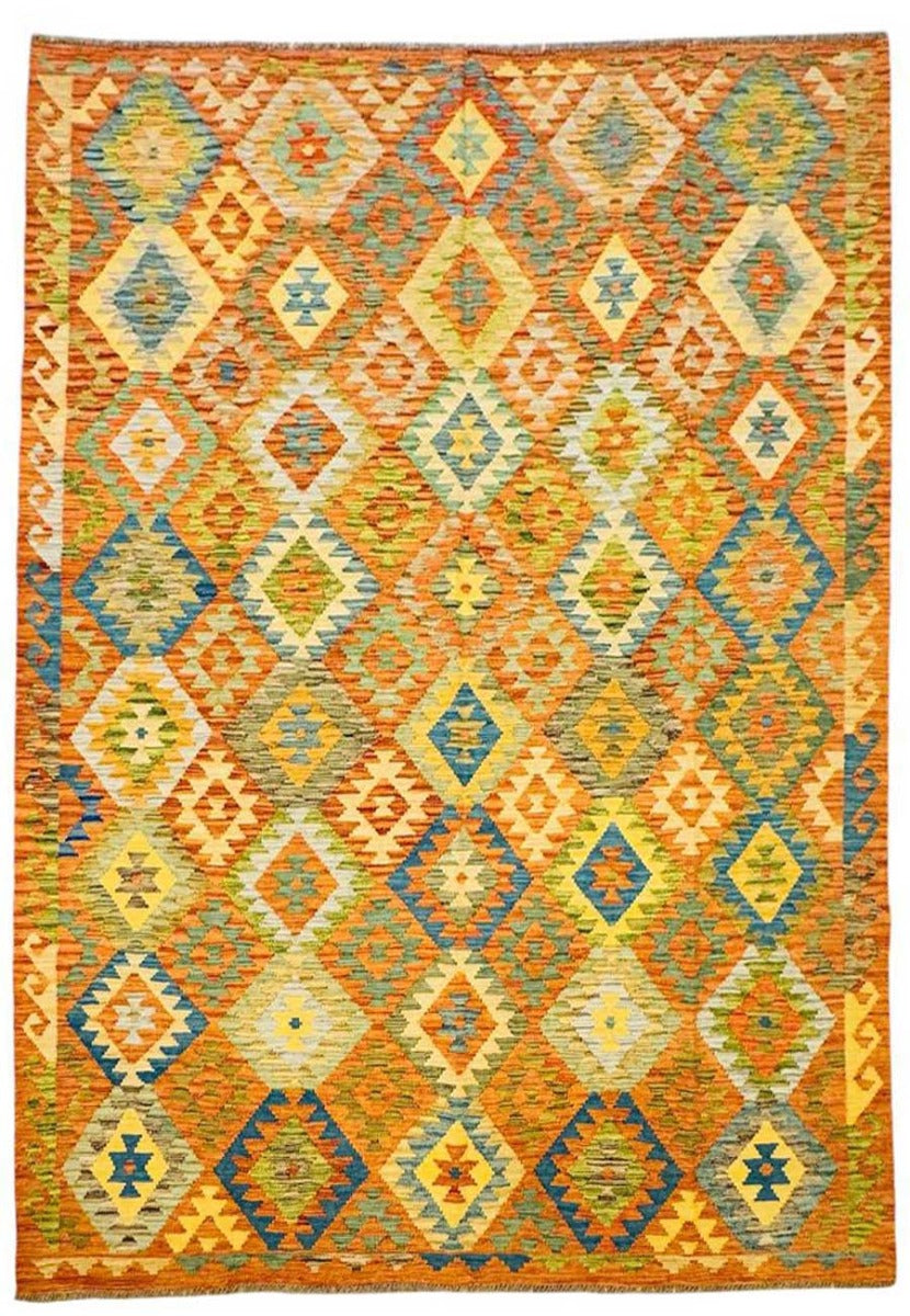 Geometric kilim rug with multicolor diamond pattern on warm beige, flat weave
