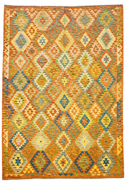 Geometric kilim rug with multicolor diamond pattern on warm beige, flat weave