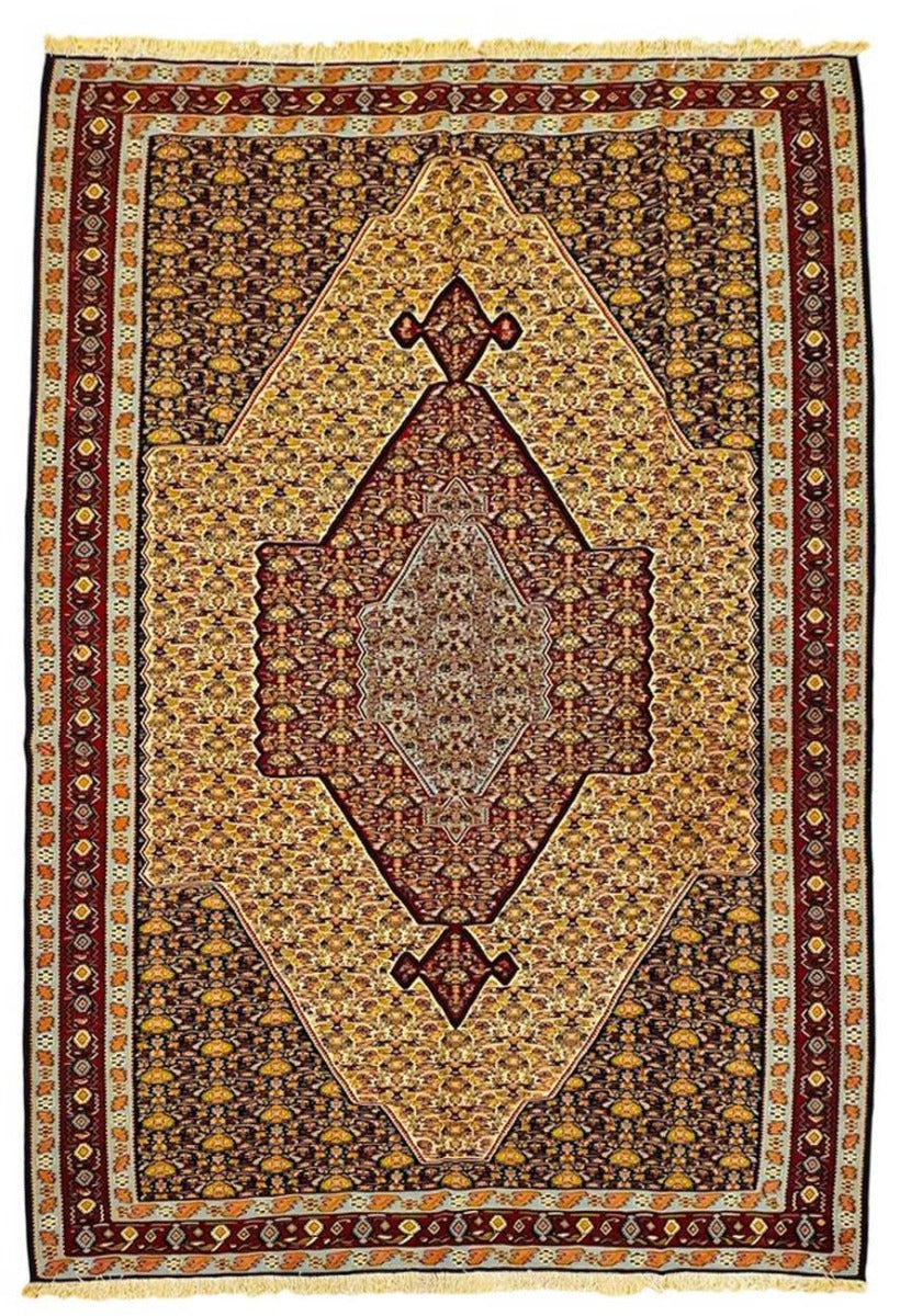 Kelim rug, 298x215 cm, dark navy with gold and red geometric medallion border.