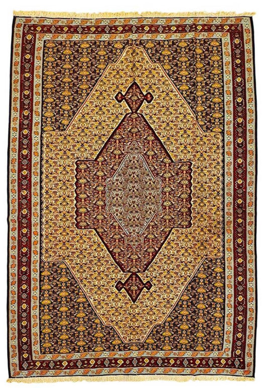 Kelim rug, 298x215 cm, dark navy with gold and red geometric medallion border.