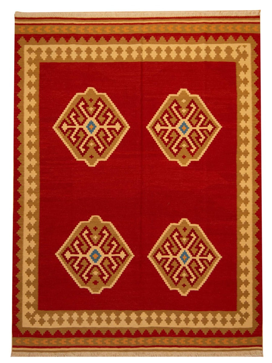 Red kilim rug with four diamond medallions and beige geometric border
