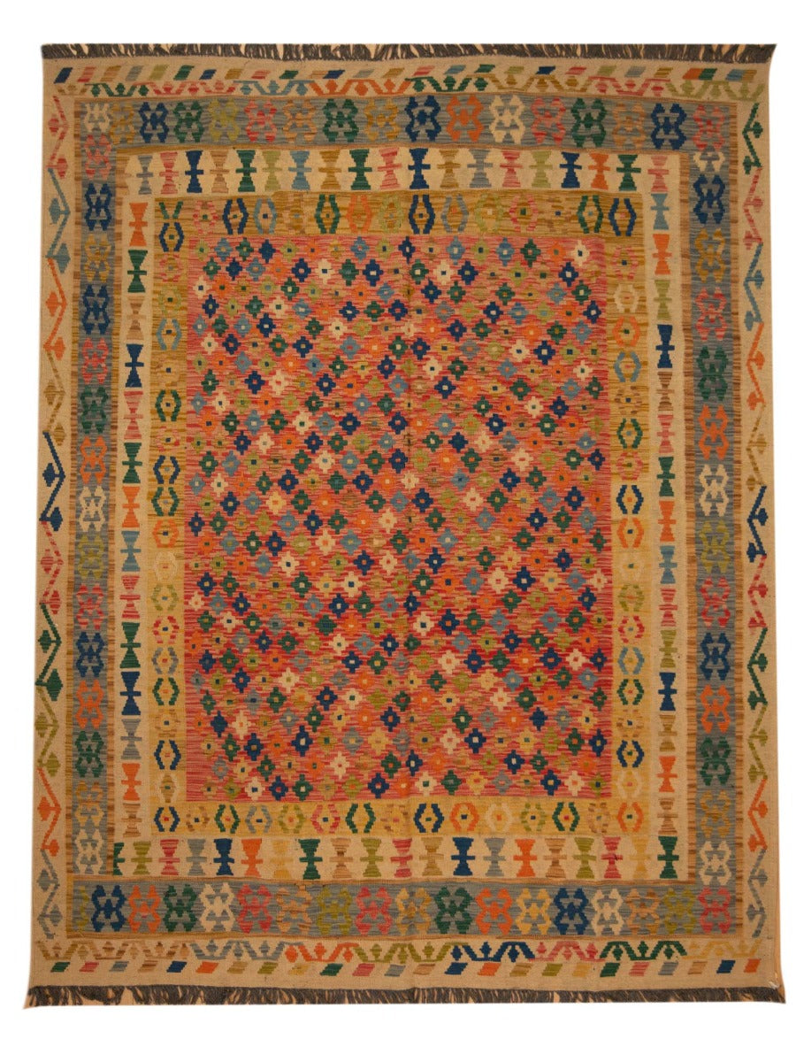 Rectangular kilim rug, multicolor geometric pattern with fringed border