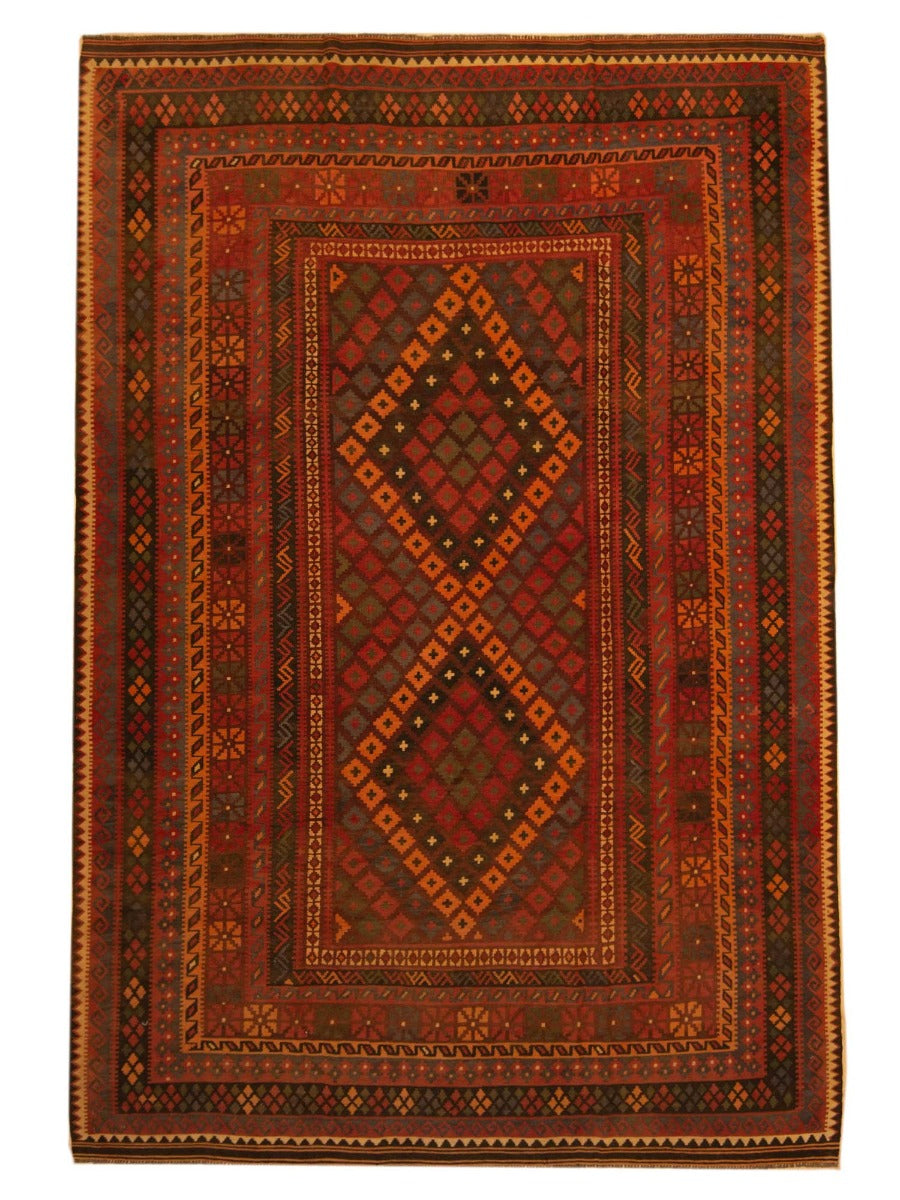 Rectangular kilim rug with red, brown, and gold geometric border and diamond medallion
