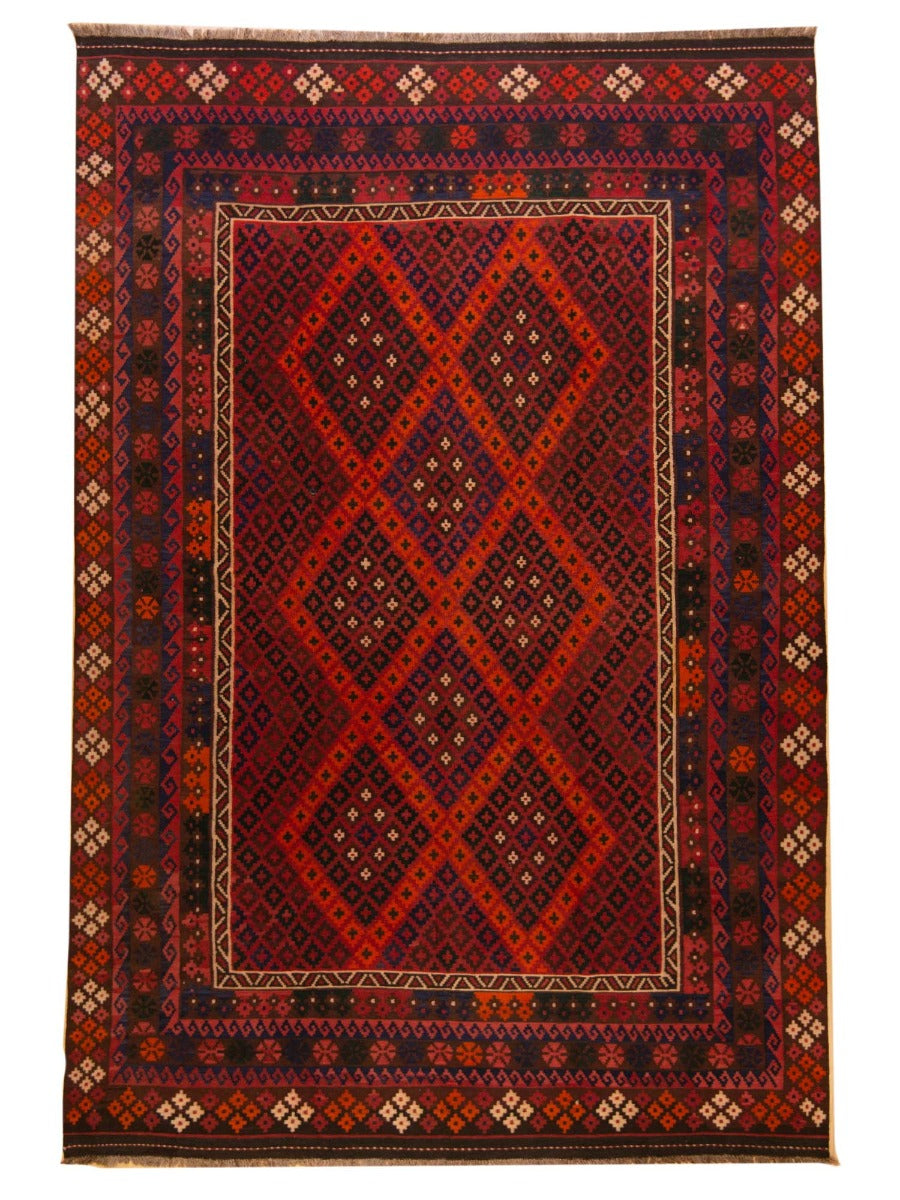 Dark red kilim rug with geometric diamond pattern and border, rectangular