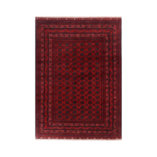 Red Bukhara rug with central medallion field and ornate rectangular border