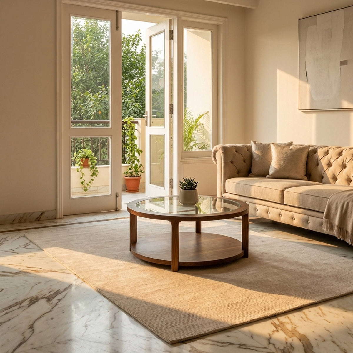 Light beige rectangular area rug on the floor with a simple, flat woven look.