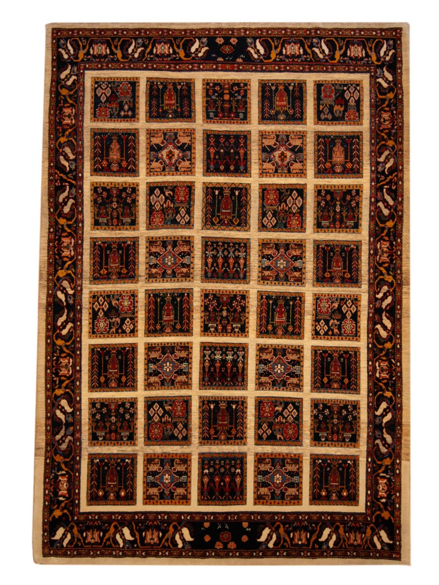 Loribaft rectangular rug, navy and rust patchwork squares with ornate border