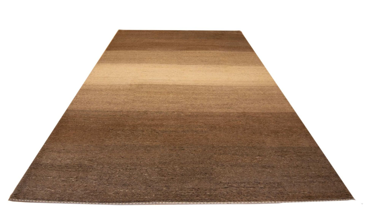 Loribaft rug trapezoid view, warm brown with light center stripe and low-pile weave