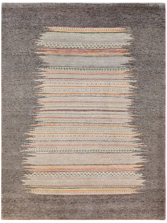 Grey square rug with central multicolor horizontal stripe pattern and flat weave