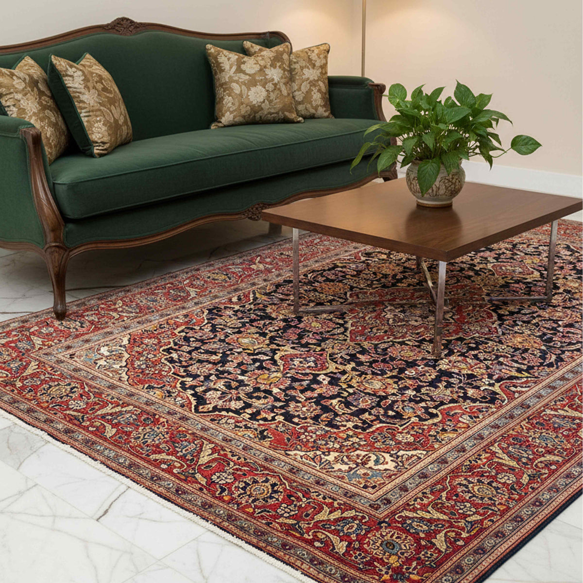 Red, navy, and beige ornate area rug with Persian medallion pattern under living room decor.