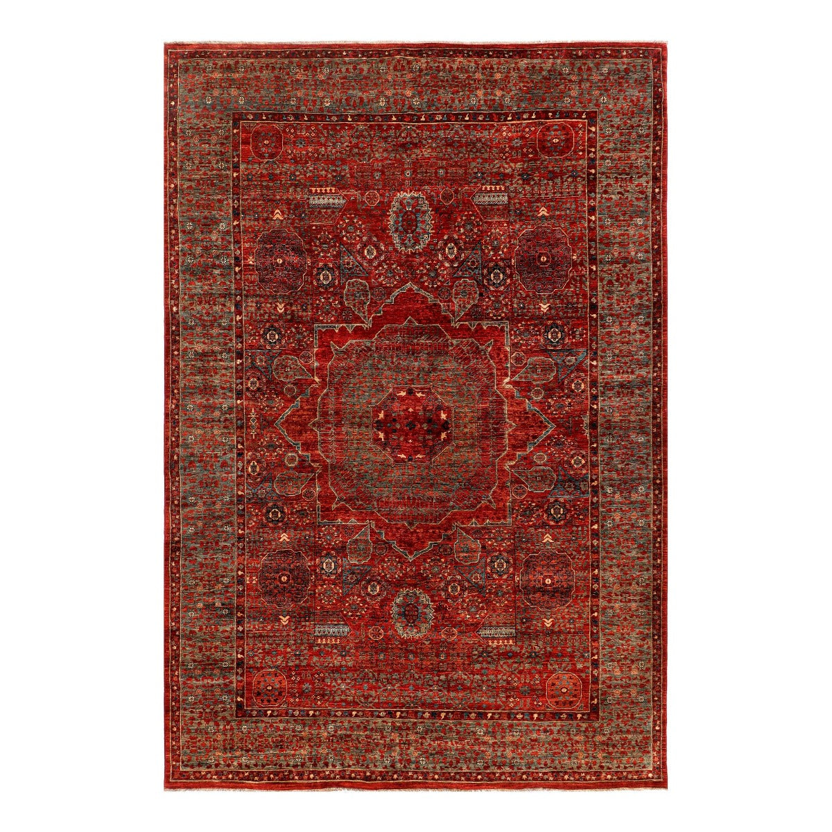 Mamluk rug with red field, central medallion, and ornate geometric border