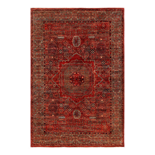 Mamluk rug with red field, central medallion, and ornate geometric border