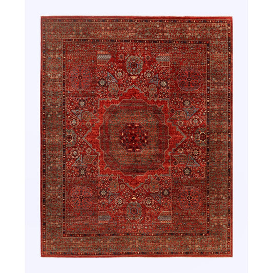 Mamluk rug with red field, central medallion, and detailed geometric border