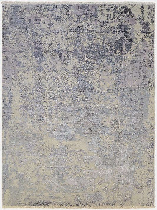 Modern area rug, abstract faded pattern in light gray and blue, flat weave