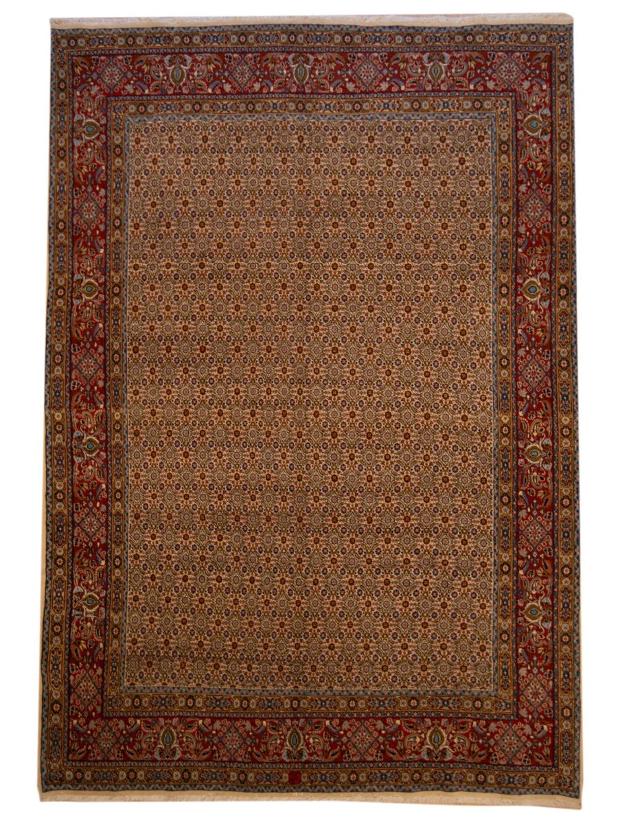Moud rug in rust, navy and beige with ornate medallion border; rectangular
