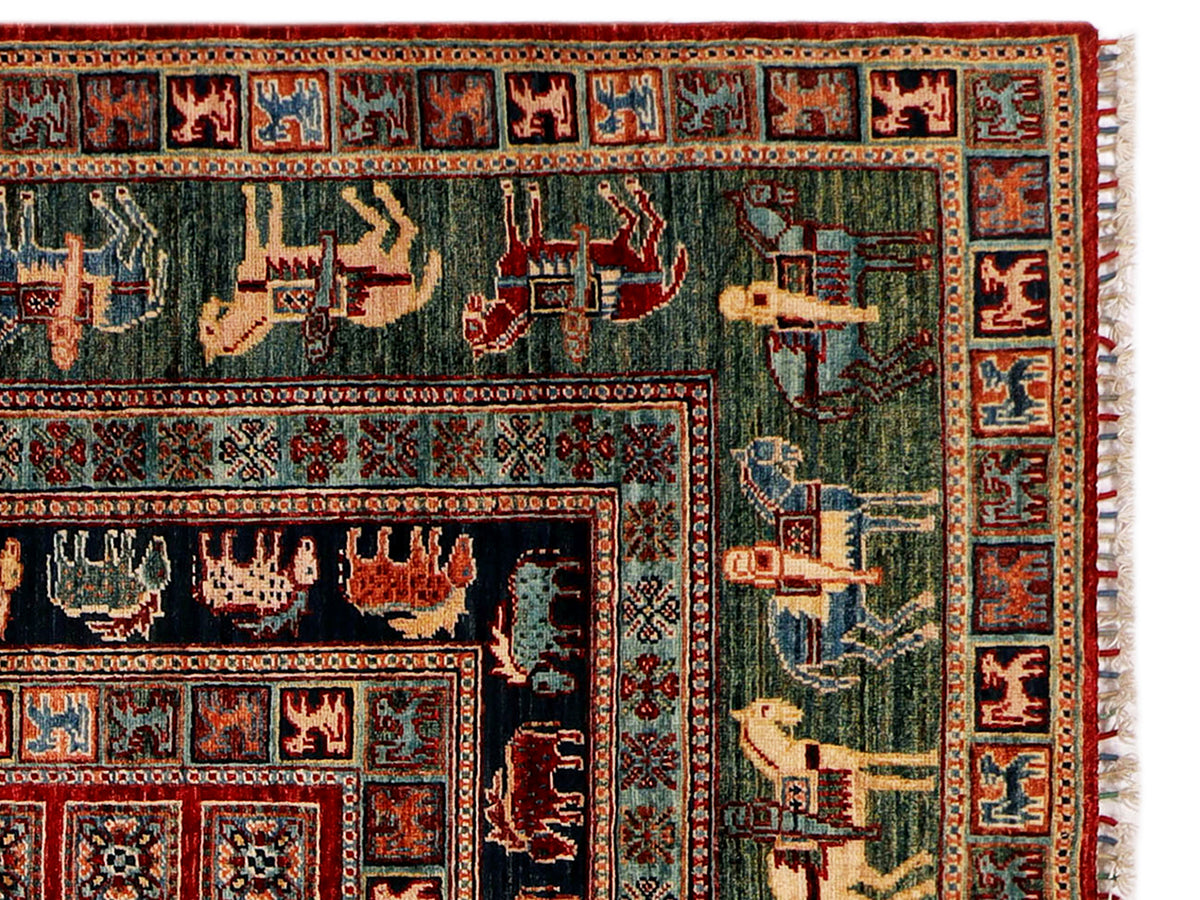 Multicolor patterned rug with animal motifs and wide red border.