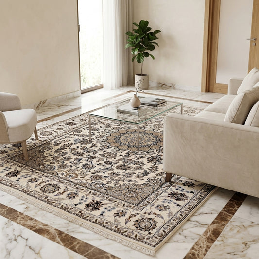 Nain area rug with ivory floral pattern and navy medallion, short fringed edges