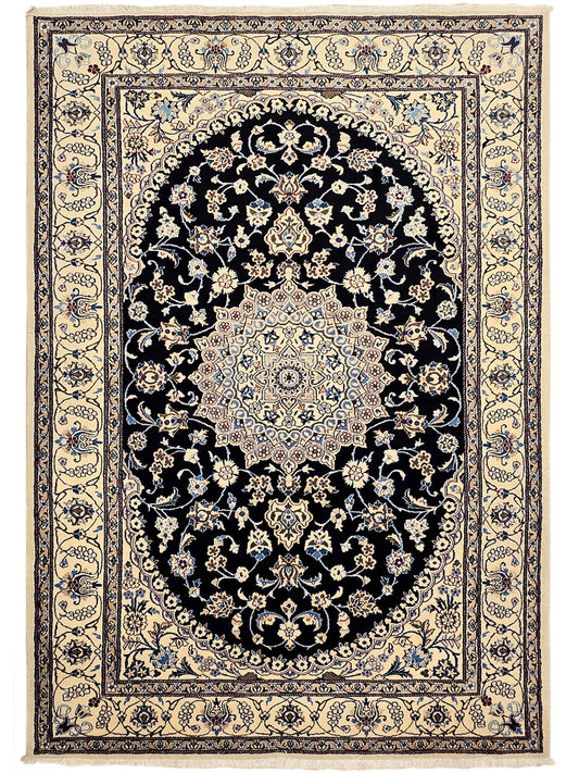 Decorative Nain rug with black oval medallion, cream border, blue floral accents