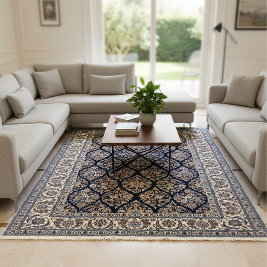 Blue and cream floral rug with central medallion, ornate border, and fringe edge