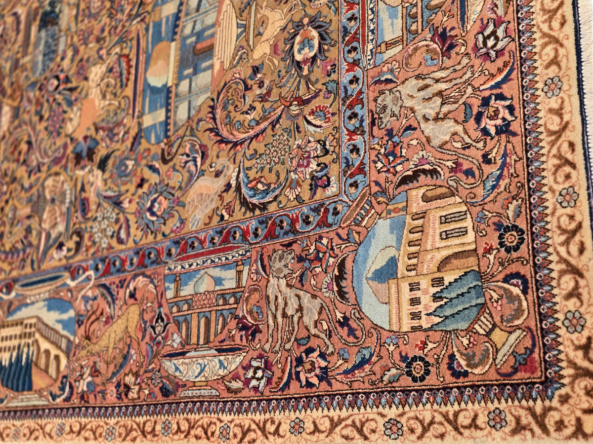 Decorative rug corner with detailed motifs in blue, tan, rust, and cream