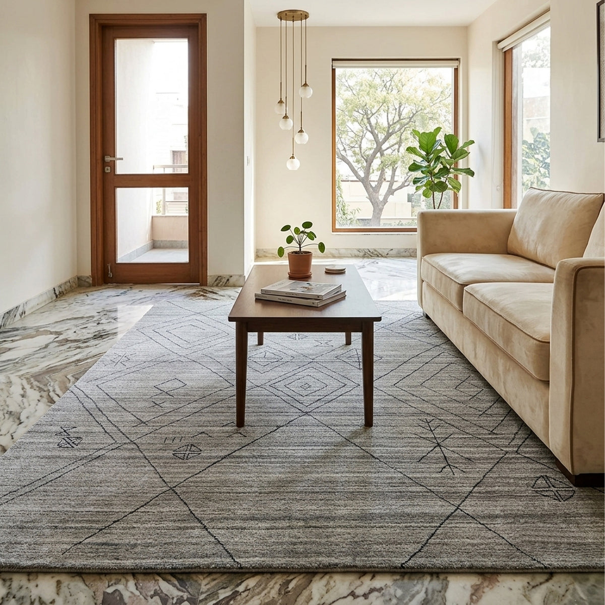 Gray handloom rug with geometric line pattern, styled under living room seating.