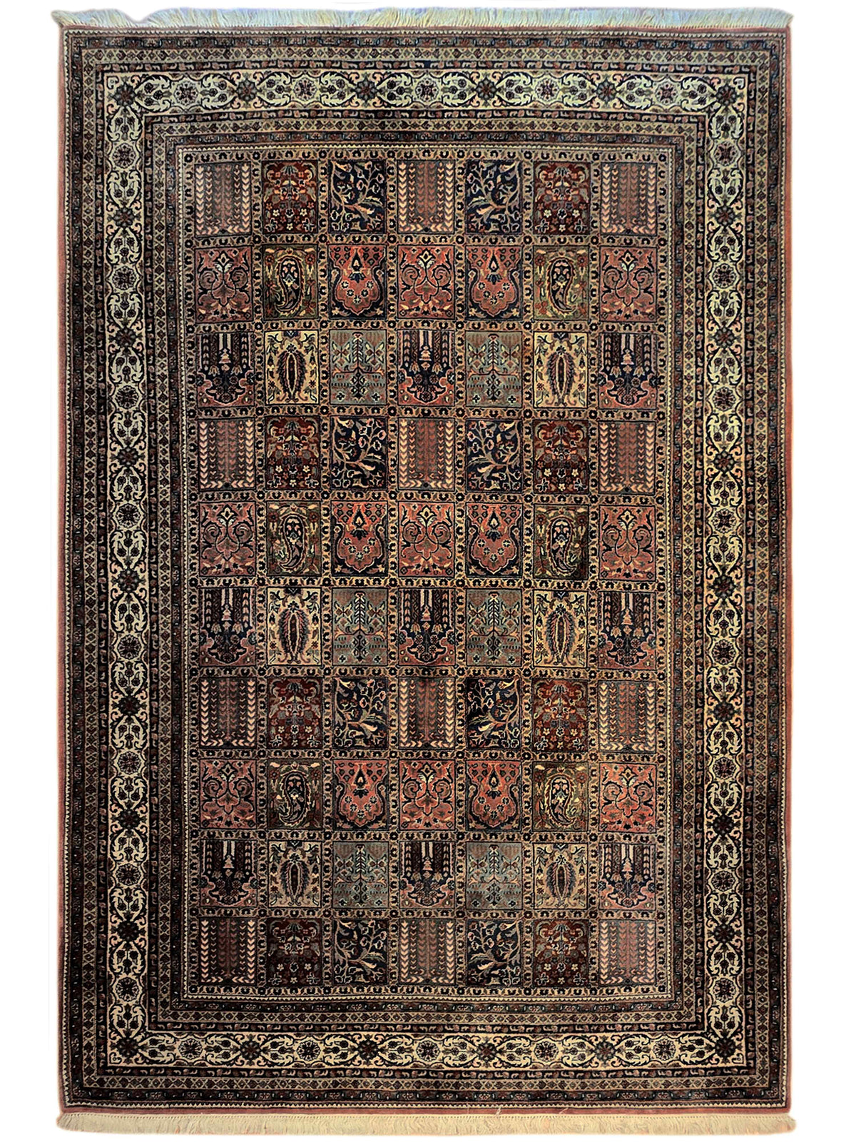 Multicolor Qum-style area rug with ornate geometric and floral border, flat weave